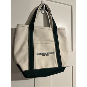 Stonewall Kitchen Canvas Tote Bag Small White & Green Pockets Heavy Duty‎